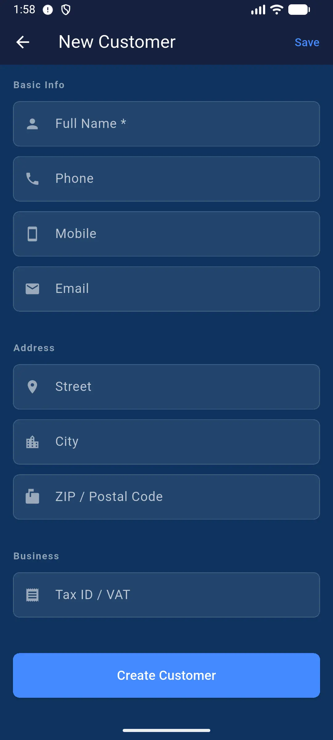 Customer Management screen