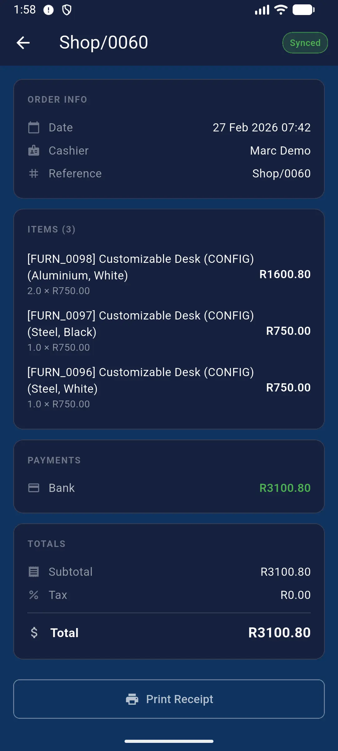 Digital Receipt screen