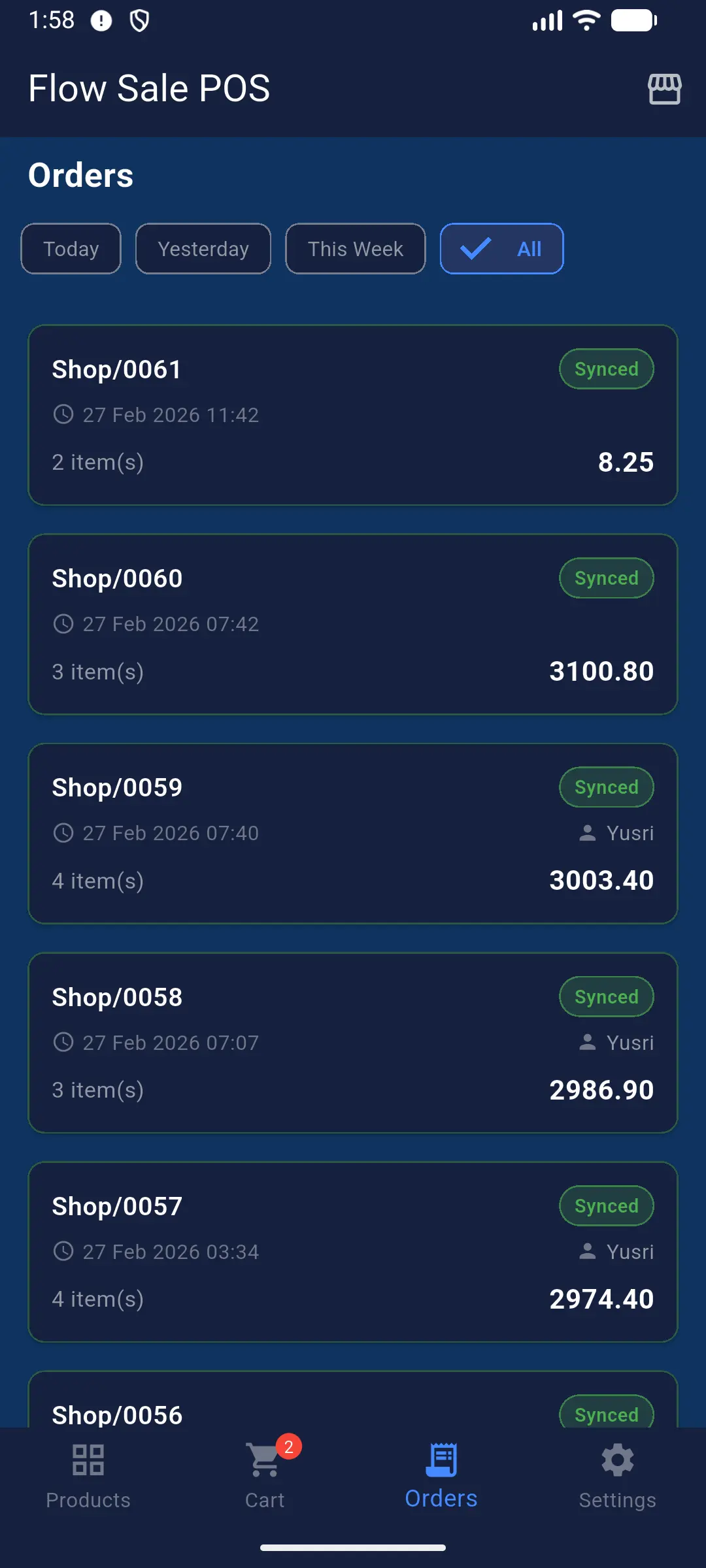 Order History screen