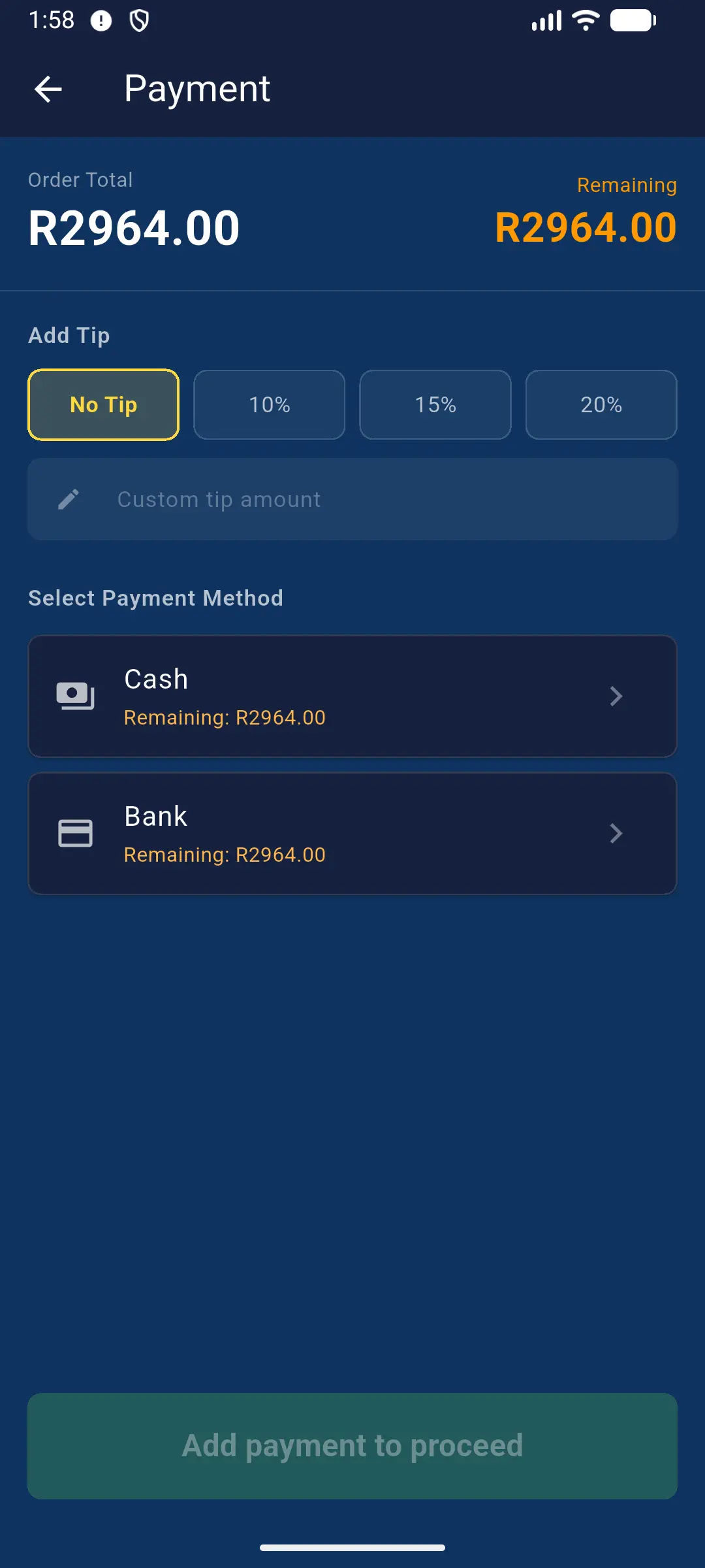 Payment screen